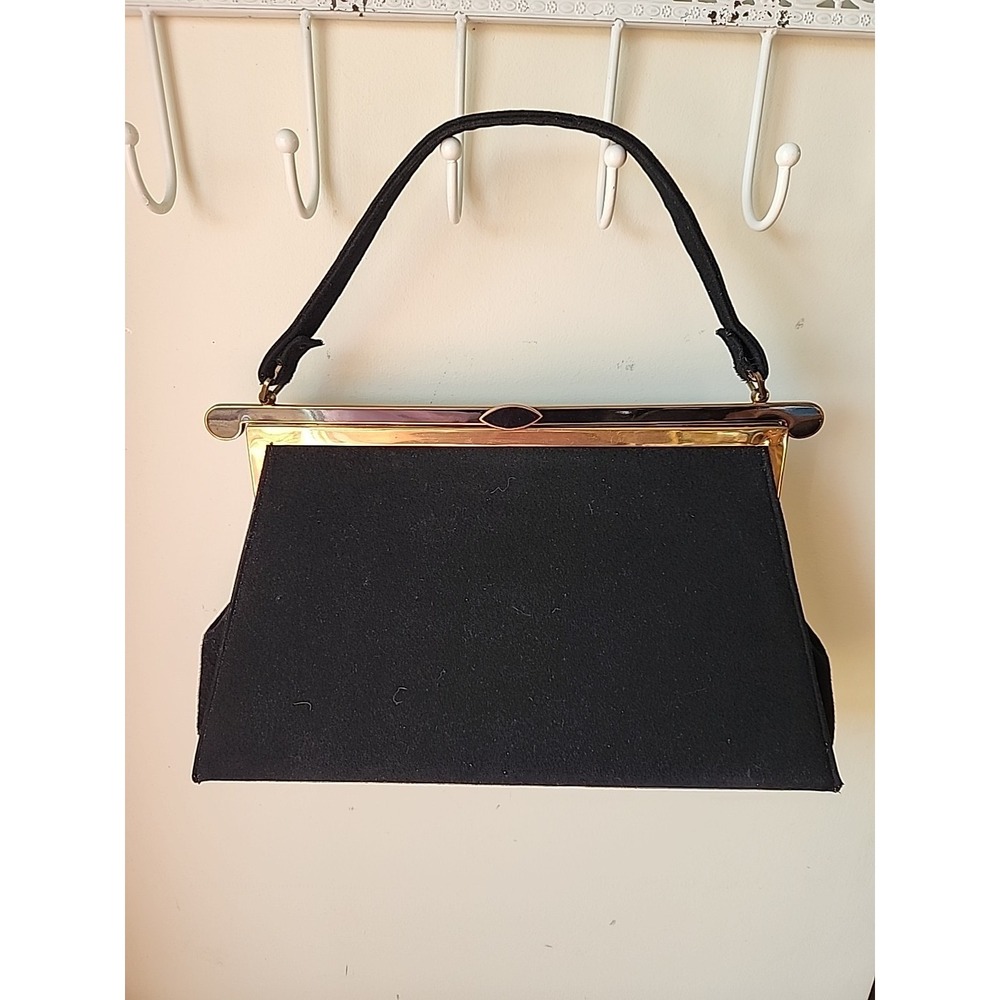 Vtg‎ MCM Lewis Crown Black Wool Cashmere Purse HANDBAG Gold CLASP Enameled 8X14